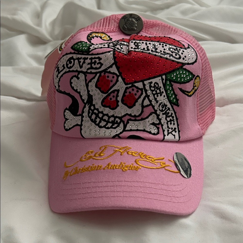 Ed Hardy Pink Cap with Skull and Heart Design
